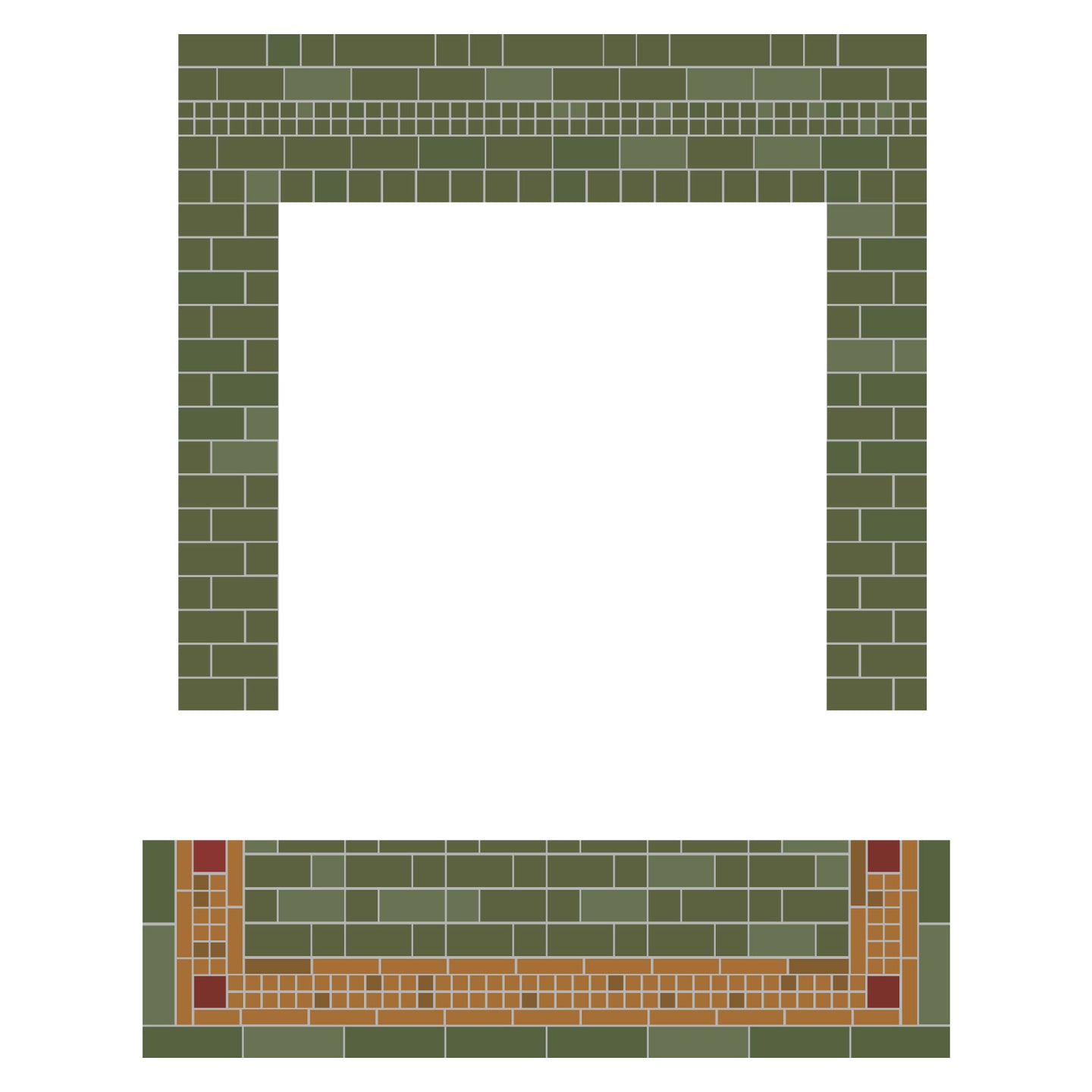 A sketch of a tile design for a fireplace, with a green color scheme and decorative elements.